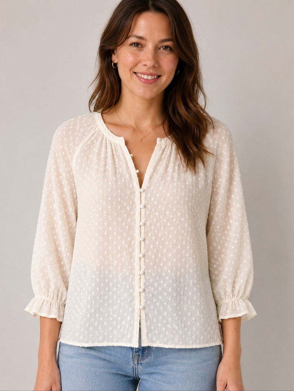 MINE Ivory Swiss Dot Button Front Boho Blouse Large NWOT A-294